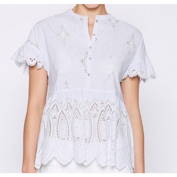 Joie Cerelia Striped Broderie Anglaise Trimmed Cotton Top Peplum Blue Small - Picture 1 of 9